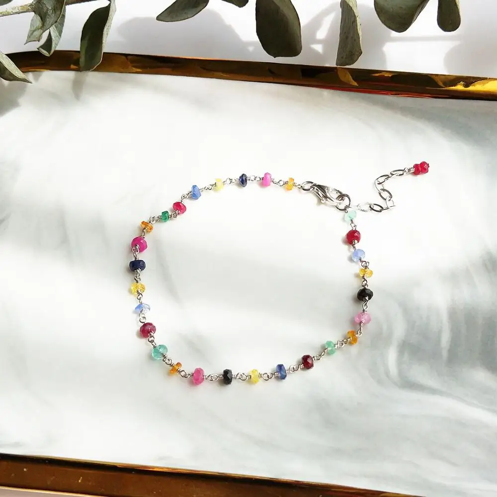 Lii Ji Gemstone Emerald Ruby Sapphire Natural Beads 925 Sterling Silver Platinum Color Handmade Adjustable Bracelet For Gift | Украшения и