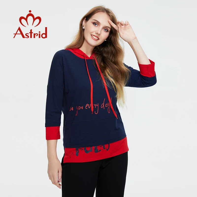 

Astrid Women's Hoodies 2021 Cotton Top Female Oversized Clothing Casual Fashion Letter Print Tees Red blue contrast Blouses
