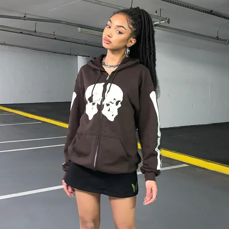 

Gothic Women's Sweatshirts Hooded Sweater Adults Skeleton Print Long Sleeve Cardigan With Pockets Drawstring Y2k Grunge Clothes