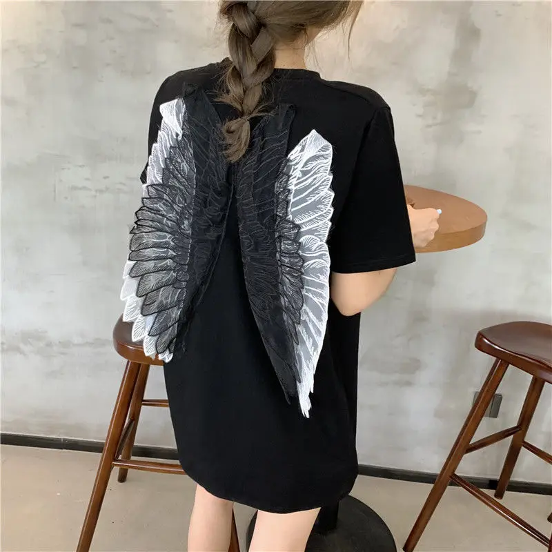 2020 Kawaii Black Women Tshirt Korean Cotton Casual Funny Wing T Shirt Gift For Lady Yong Girl Summer Top Tee Harajuku Tops | Женская