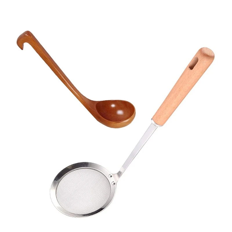 

Long Handled Wooden Soup Spoon,Classic Wooden Soup Ladle With Oil Filter Spoon, Fine Mesh Filter And Wooden Handle