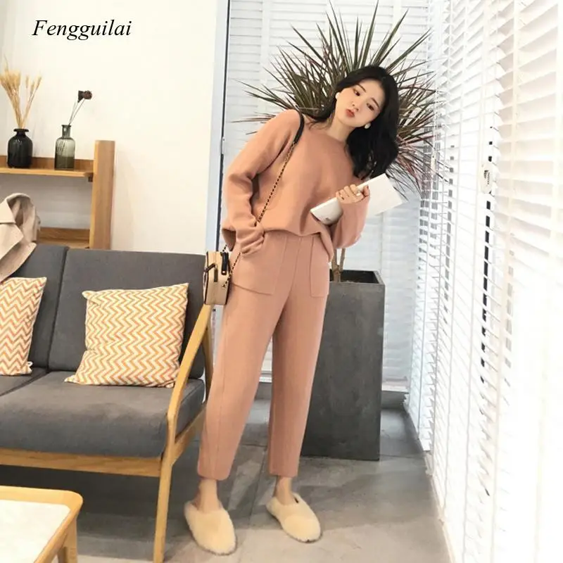 

Knitted 2 Pieces Set Tracksuits Women 2020 Autumn Winter Thick Warm O-Neck Loose Sweater+Ankle-Length Pants Warm Cashmere Suit