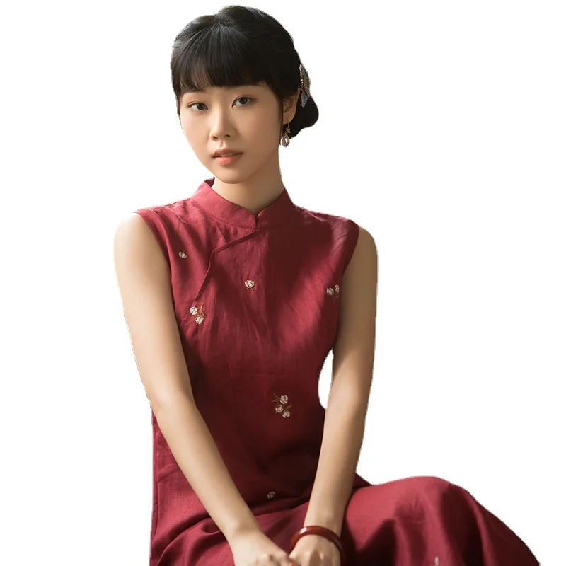 

2021 summer new style young style improved cheongsam dress national fashion Republic of China linen women's wear
