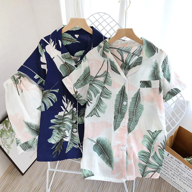 

100% Cotton Women's Pajamas Set Eco-friendly Double Cotton Yarn Short Sleepwear Palm Leaf Print Breathable Home Suit for Summer