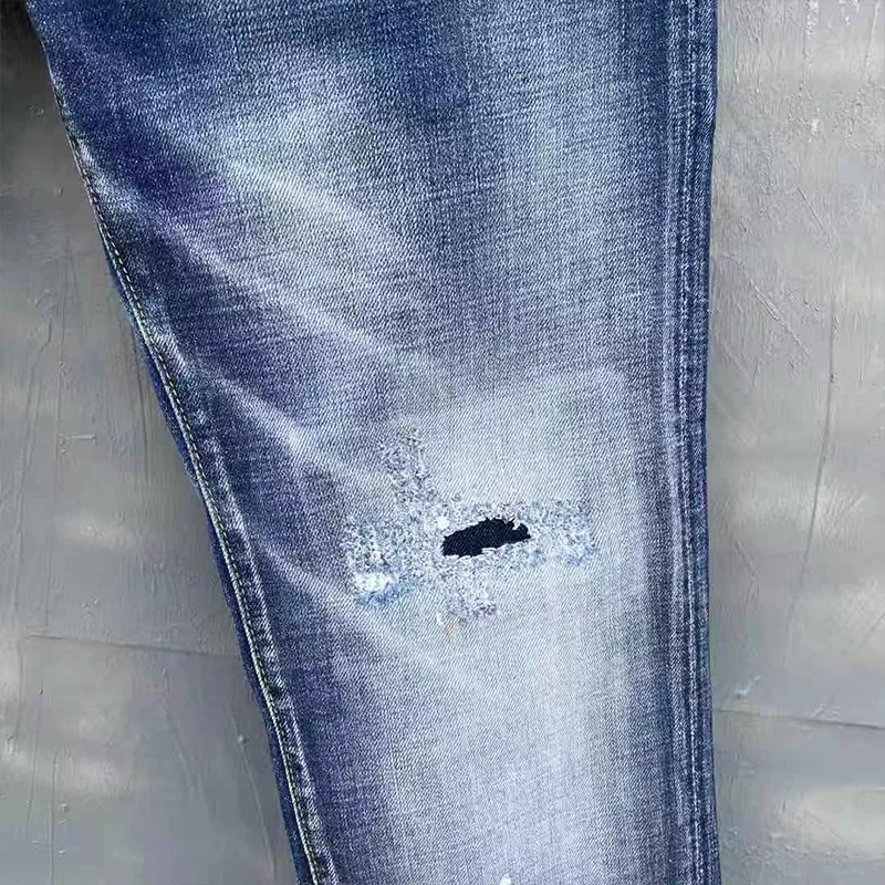 

star bags DSQ Italian fashion four seasons denim men's perforated paint jeans slim blue elastic straight leg pants high quality