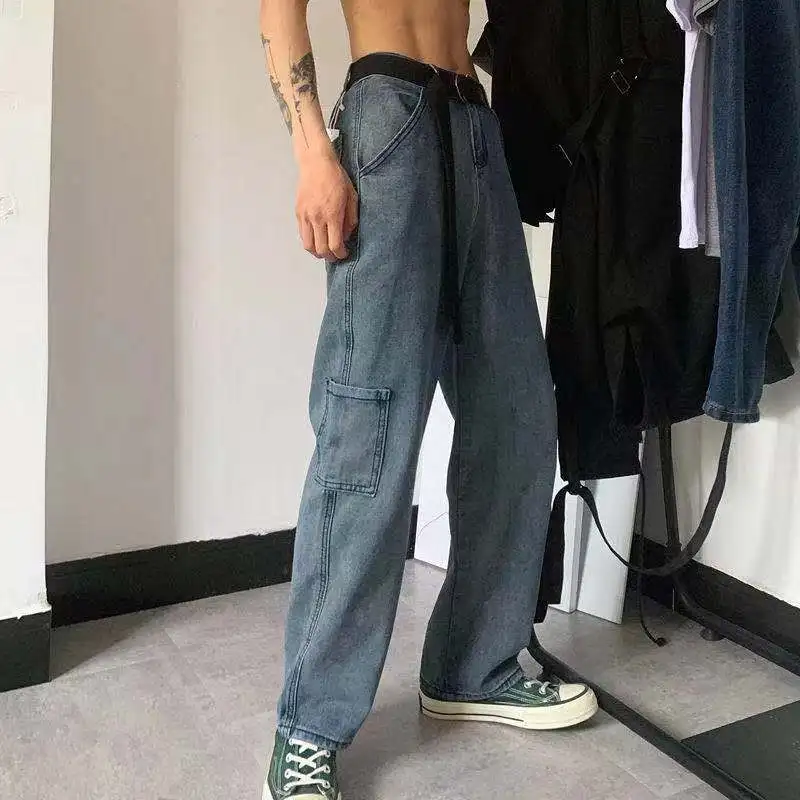

2021 мужские модные Свободные повседневные брюки в Корейском стиле прямые брюки с широкими штанинами синие джинсы мешковатые мужские брюки
