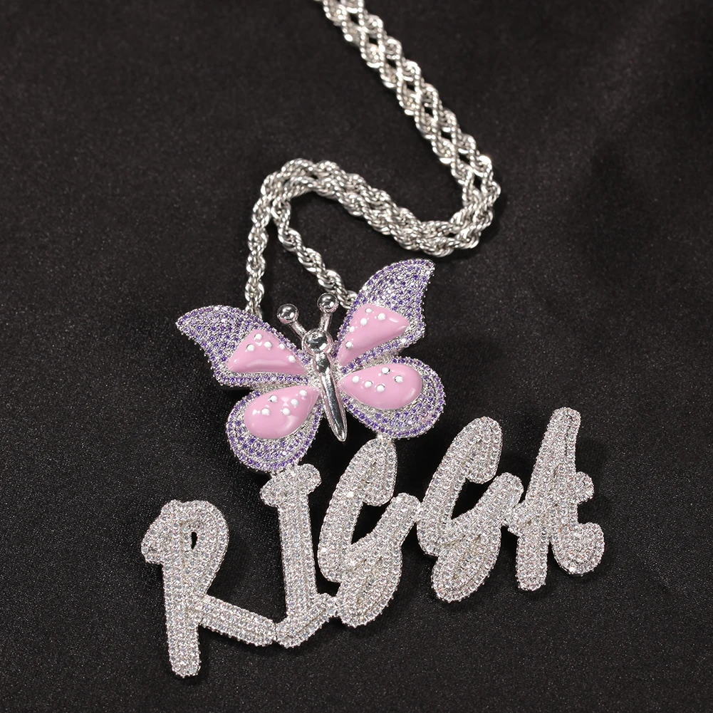 

HIP HOP Custom Double-layer Overlapping Grass Font With Butterfly Clasp Pendant Combination Words Name Zirconia Jewelry
