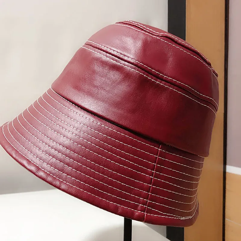 Europe Autumn Faux Leather PU Bucket Hats Men Women 5 Colors All Match Black Grey Street Fashion Fishing Caps Sun Hat 56-58cm