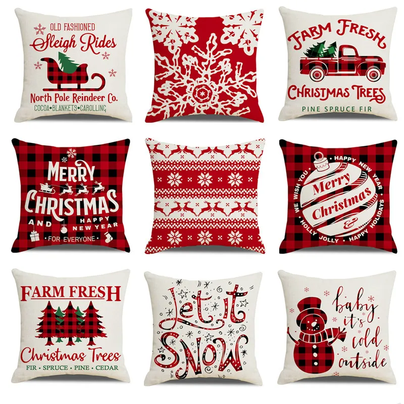

Red Black Plaid Christmas Pillowcase Snowman Elk Pillow Case Linen Cushion Case Pillow Cover New Year Xmas Tree Cushion Covers
