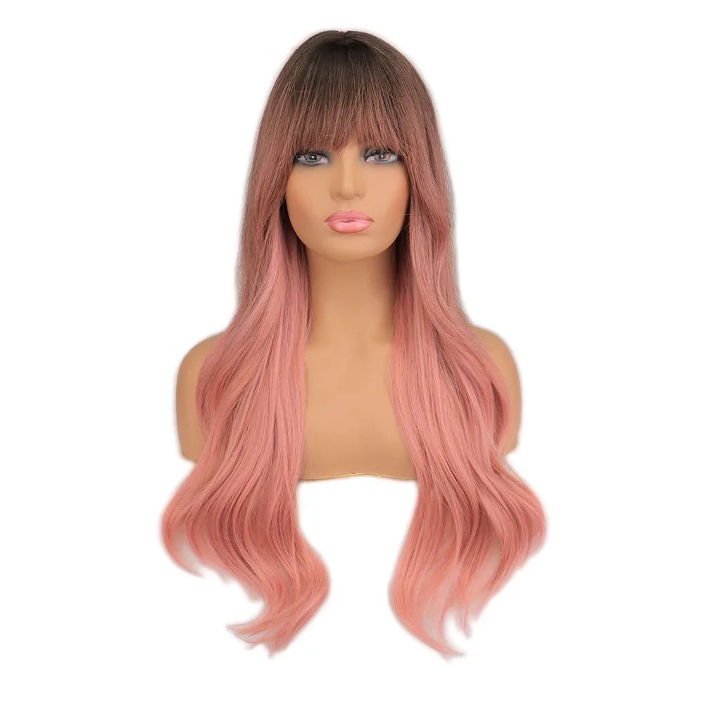 

Женский длинный волнистый парик с челкой SuQ, синтетические натуральные волосы для косплея, коричневые и розовые праздничные термостойкие п...