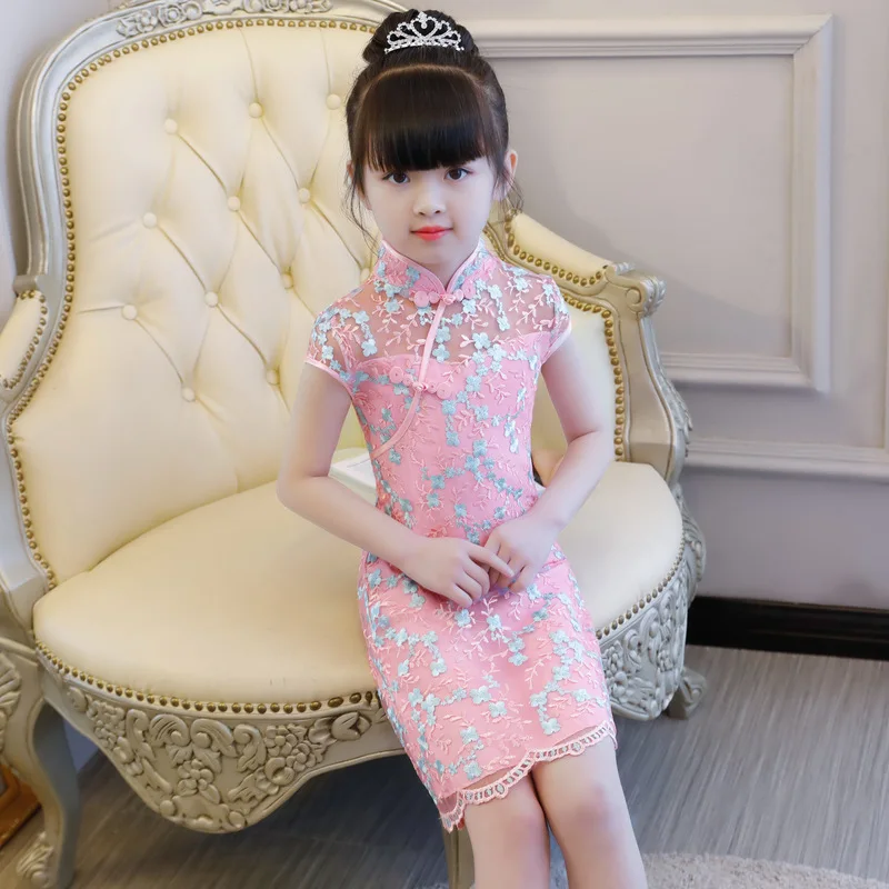 Милое детское платье Qipao свадебное кружевное для девочек с вышивкой элегантное