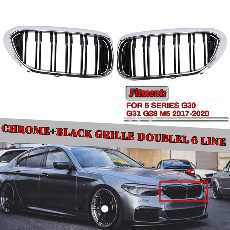 

For-BMW 5 Series G30 G31 G38 M5 2017+ Chrome+Black Front Bumper Hood Kidney Grill Grille(Doublel Six Line)