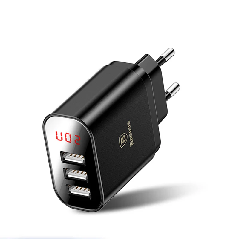 3PORT CHARGER BLACk Зарядное устройство USB Baseus с цифровым дисплеем для samsung, Xiaomi, зарядное устройство для телефона, 3.4A, максимальное быстрое зарядное устройство для iPhone, зарядное устройство, адаптер - Тип штекера: 3PORT CHARGER BLACk