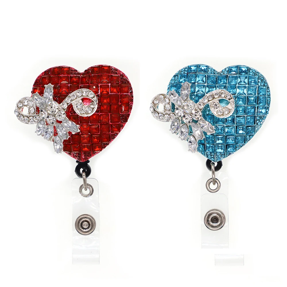 

10pcs/lot GuangZhou Brand New Red And Blue Rhinestone Bow Heart Shape Retractable ID Badge Holder Nurse Badge Reel