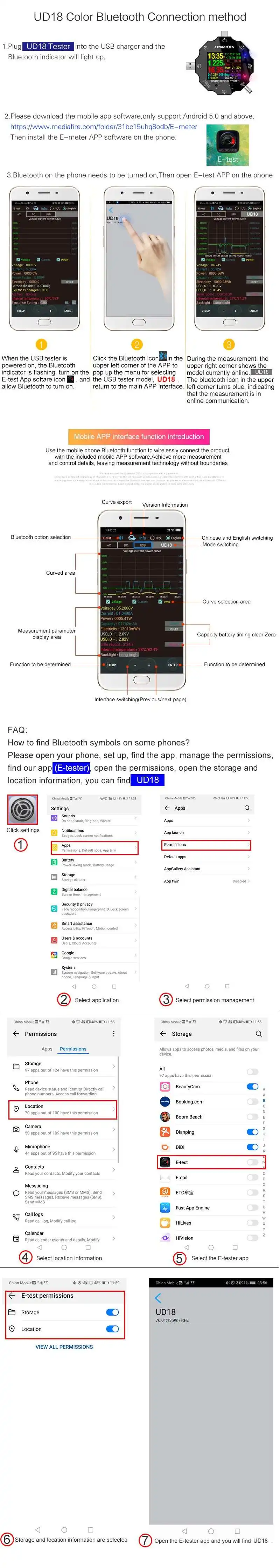UD18 bluetooth цифровой вольтметр USB3.0/DC/Тип-C 18 в 1 взаимный обмен данными между компьютером и периферийными устройствами тестер приложения DC Вольтметр Амперметр HD Экран 6-Bit Дисплей