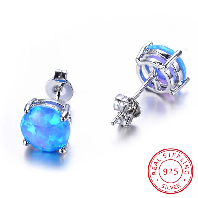

YPAY 2021 Boho Female Small Round Stud Earrings 925 Sterling Silver Earrings For Women Cute Pink White Blue Fire Opal Earrings