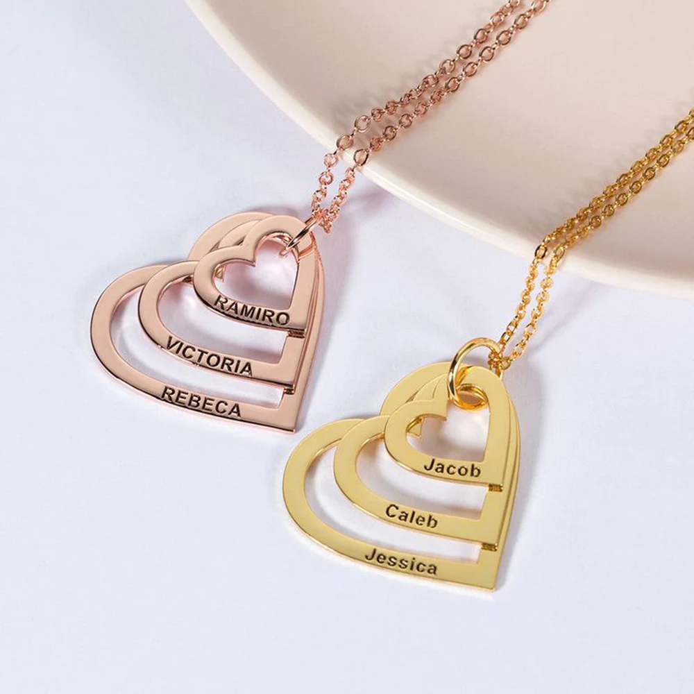 

HUHUI Custom 2-4 Names Necklace With Hollow Heart Pendant Personalized Stainless Steel Women Family Jewelry Anniversary Gift