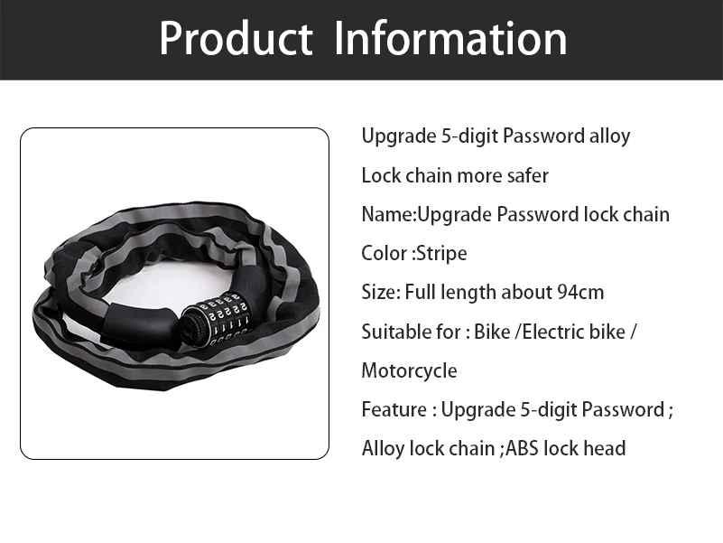 

WEST BIKING Reflective Bike Chain Lock Upgrade 5-Digit Password Bike Lock Motorcycle Cycling Security Anti-Theft Bicycle Lock