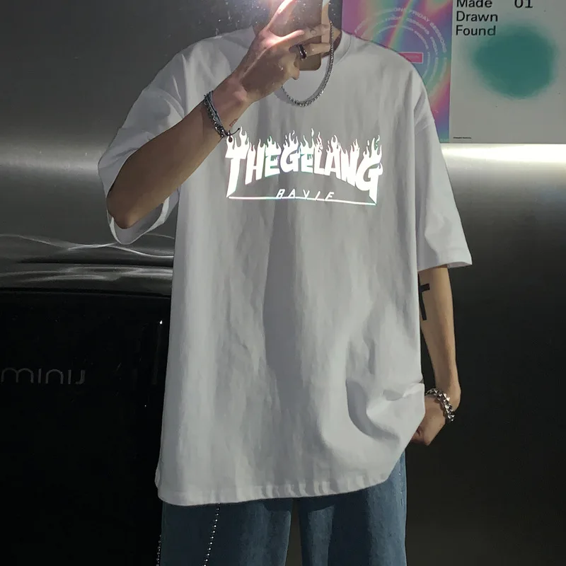 

Night Reflective Letters Five-quarter Sleeve Top 2021 New Y2k Aesthetic Fashion Couple T-shirt Summer Plus Size