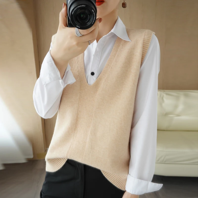 

Женский кашемировый жилет с V-образным вырезом, осенне-зимний модный женский кашемировый жилет, Корейская версия, свободный Универсальный с...