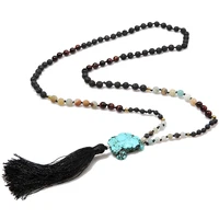 natural frosted amazonite red tiger eye black lava stone beaded knotted necklace meditation yoga mala jewelry turquoise pendant