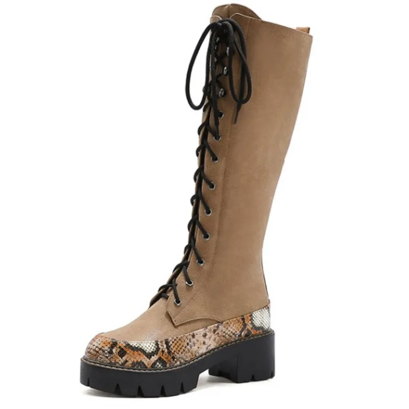 

Fanyuan RetroPlatform Knee Hig Boots Cross Tied Chunky Heels Shoes Woman Heels Fashion Wedding Party Motorcycle Boots Size 34-43
