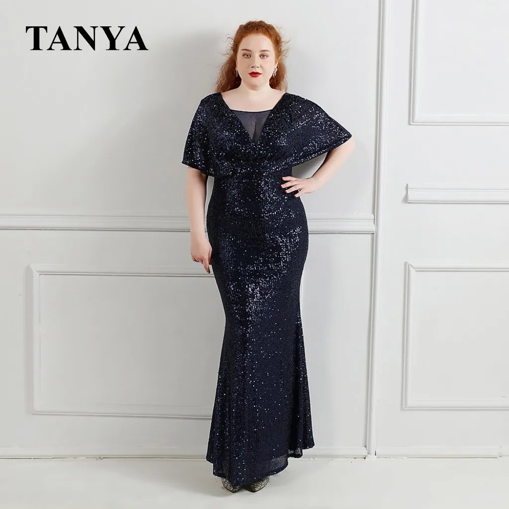 

Plus Size Mermaid Evening Dresses Navy Blue Sequins V Neck Short Sleeve Prom Gown Vestido De Fiesta De Boda YSAN1405