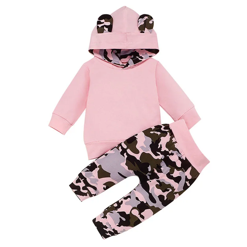 

Baby Girls Ears Hooded Clothes Set Infant Winter Cotton Camouflage Pullover Tops+Pants Clothing Toddler Infant Sweatshirts 0-24M