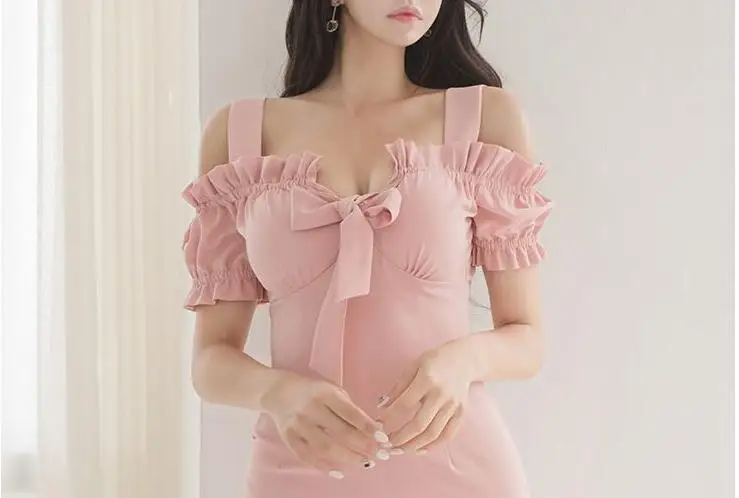 Женское платье-карандаш с рюшами однотонное облегающее платье-туника бантом в