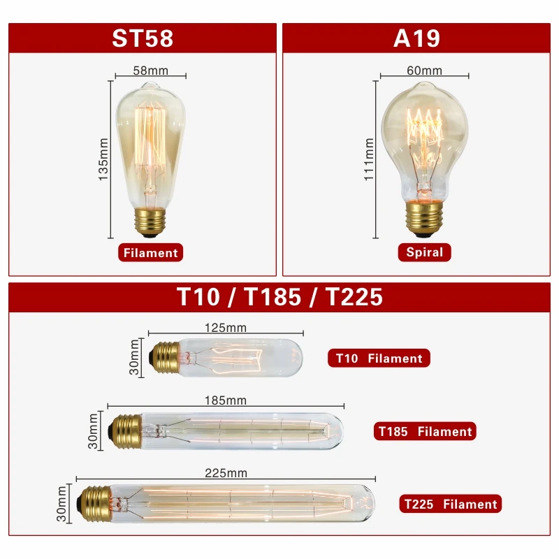 Ретро лампа Эдисона E27 220 В 40 Вт светильник ПА накаливания A60 ST58 ST64 T10 T45 T185 G80 G95