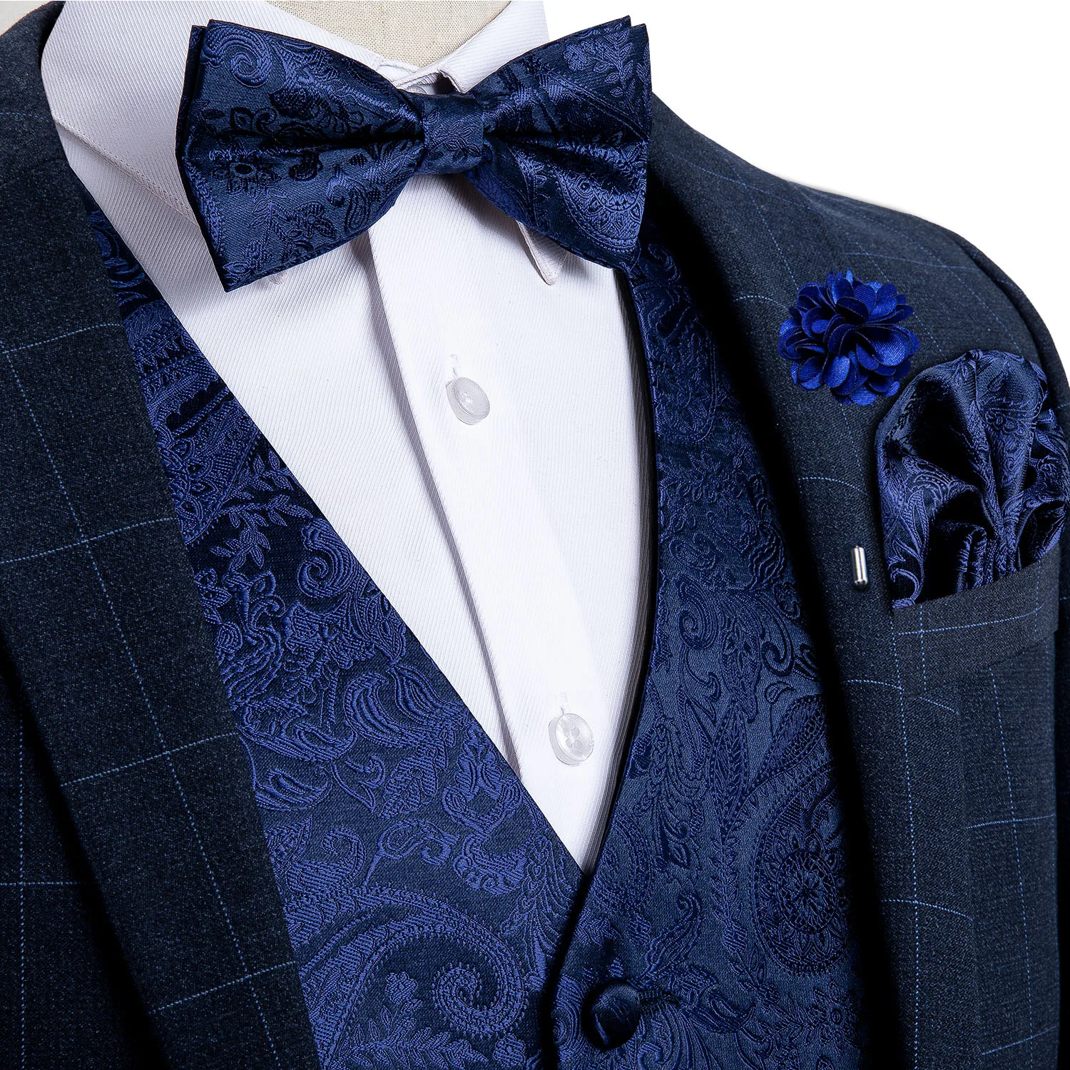 Chalecos de vestir de marca para hombre, traje de Cachemira azul de seda, chaleco tejido con pajarita, gemelos, conjunto de broche de pañuelo para boda y graduación, chaleco con botón