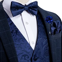 brand mens dress vests silk blue paisley woven suit vest bow tie cufflinks hanky brooch set for wedding prom button waistcoat