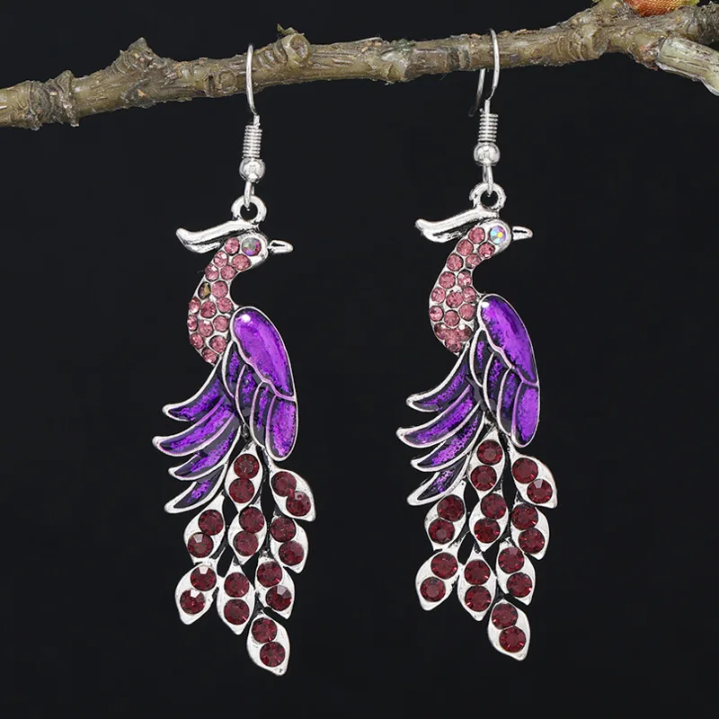 

Long Rhinestone Earrings Ethnic Style Antique Silver Vintage Bohemian Peacock Earrings For Women
