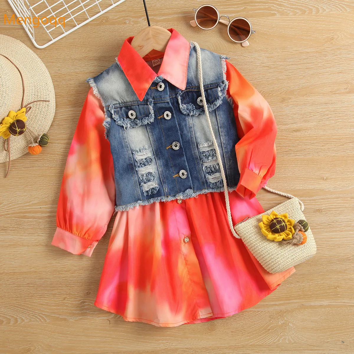 

Модный джинсовый жилет с завязками для девочек на осень и весну, Рубашка-Платье с длинным рукавом и длиной до колена, комплект детской одежд...