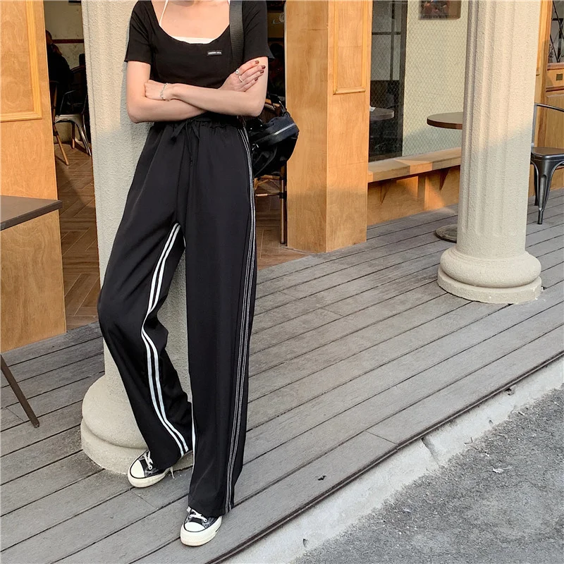 

Black Wide-leg Pants Women's Loose Striped Large Size 2021 Autumn.