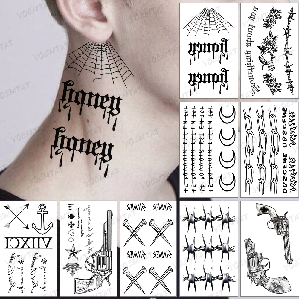 

Waterproof Temporary Tattoo Sticker Spider Web Text Black Tatto Neck Face Flash Tatoo Woman Man Child Realistic Fake Art Tattoos