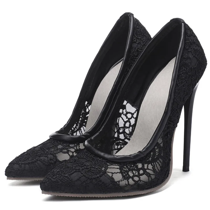 

High Heels Shoes Women Stiletto Heel Pointed toe Pumps Ladies Lace Wedding Party Evening Shoes Black White Plus Size 43 44 45 46