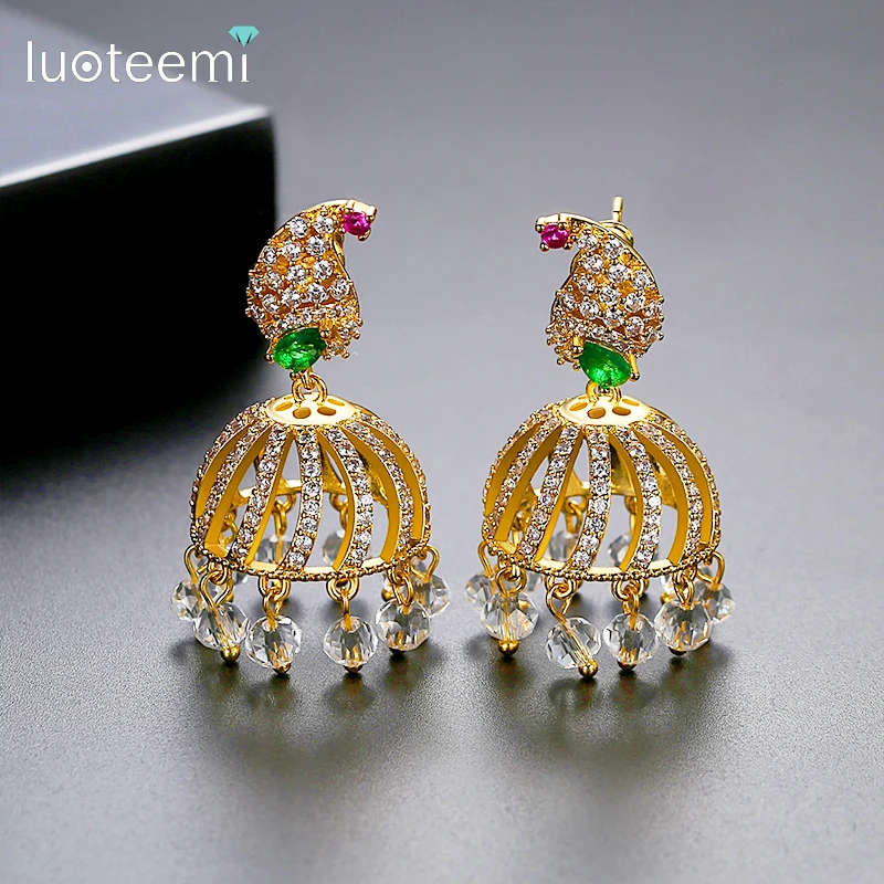 

LUOTEEMI Queen/"Принцесса Белль" висячие серьги для девочек свадебные прозрачные бусины блестящие AAA кубический ZirconBig индийской моды ювелирные изд...