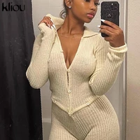 kliou yarn farbic two piece set women autumn solid concise sexy single breasted topsspilt pants matching outfit fake jumpsuit