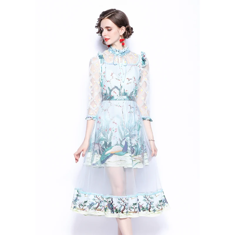 

Подиумное Сетчатое платье в стиле пэчворк с принтом звериных цветов, голубое милое платье с бантом и воротником-стойкой, с оборками, вечерне...