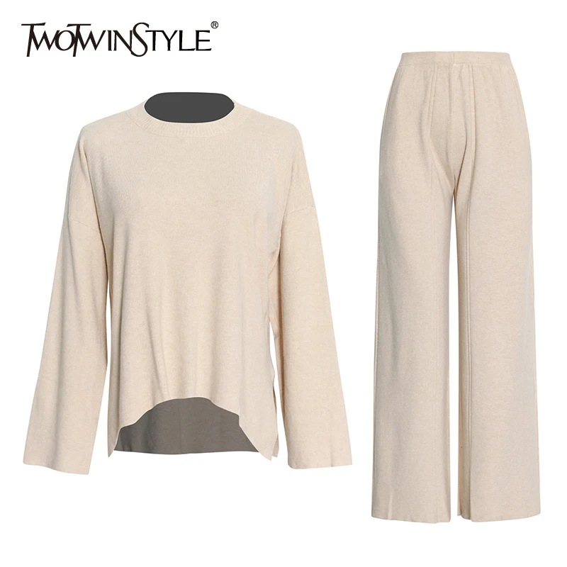 

TWOTWINSTYLE Casual Two Piece Set For Women Round Neck Long Sleeve Blouses Elastic Waist Pants Female Trousers Suits 2021 Autumn