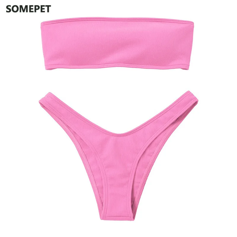 

Strapless Bikini 2021 Woman 2 Piece Swimsuit Solid Swimwear Sexy Bikini Set Female Swimwear High Waist Push up Biquini Pink Blue
