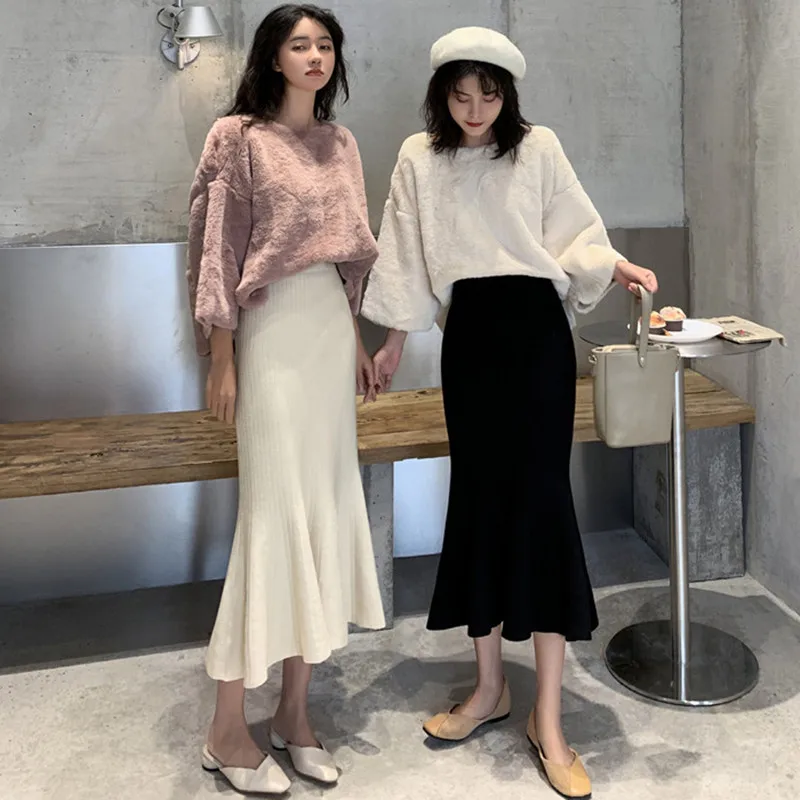 

Long Midi Knit Skirt Women Autumn Winter Thick High Waist Ruffle Mermaid Skirts Ladies lange rok