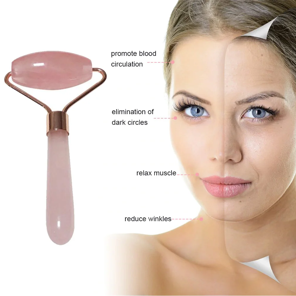 Natural Rose Quartz Jade Roller Derma Push Massage Roller Lifting Wrinkle Face Massager Gua Sha Facial Beauty Tool Pink