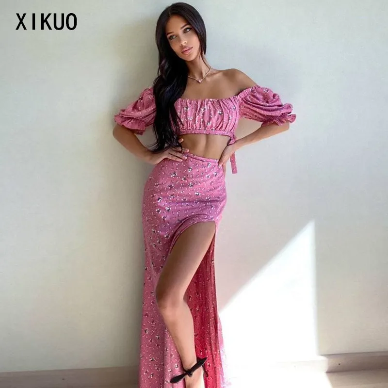 

2021 Autumn New Sexy Women's Floral Lotus Leaf Crop Top High Slit Long Skirt Two-piece Short-sleeved Tie Suit