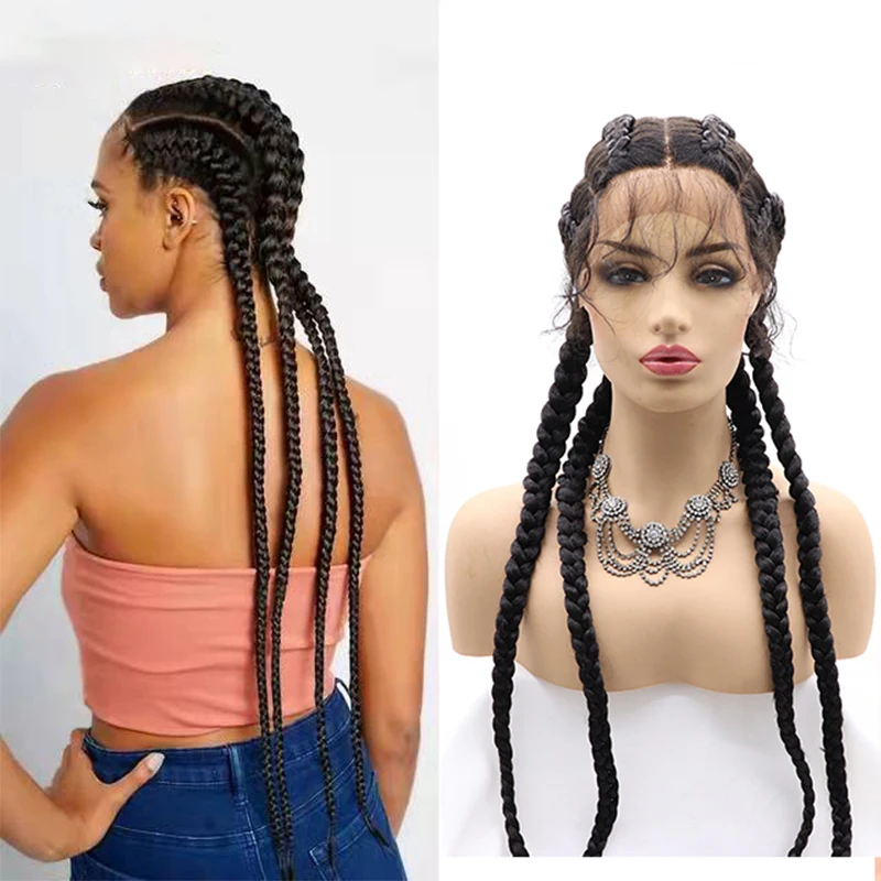 

Colored Long Braided Lace Front Wigs With BabyHair Double Dutch Box Braided Twist Synthetic Braids Wig For Black Women Daily