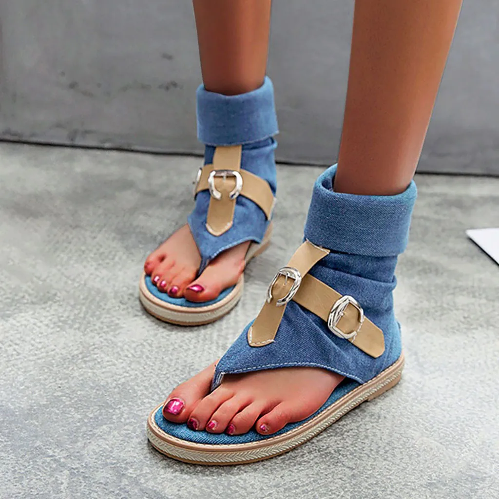 2020 модные джинсовые смешанные Цвет летние туфли с перекрестной шнуровкой