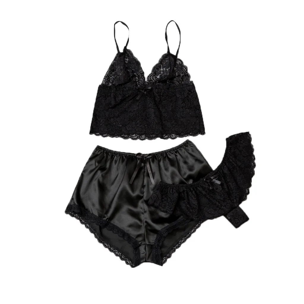 Шелковые пижамы сексуальное атласное нижнее белье кружевные шорты набор женское