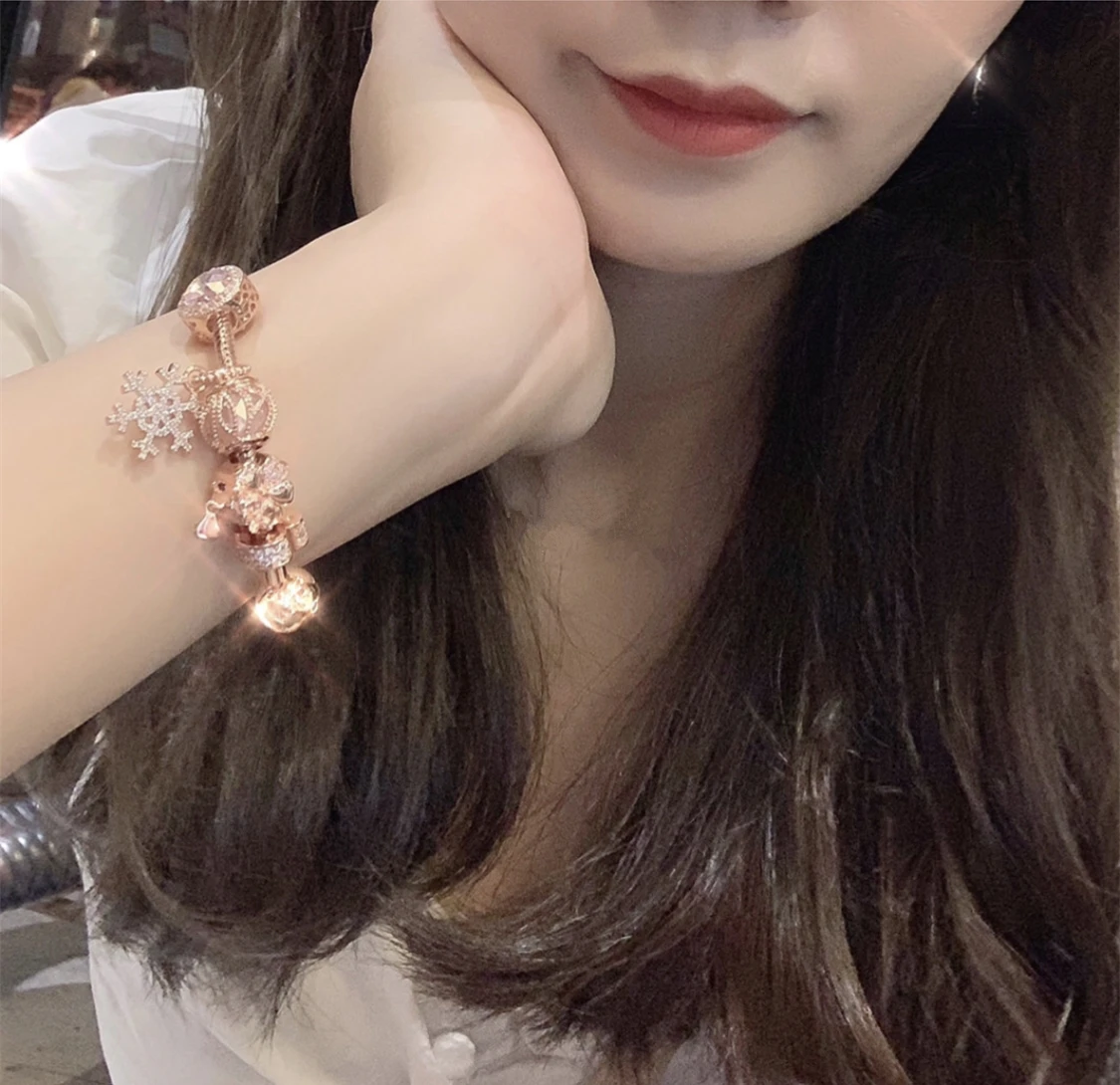 

Trendy Fashion S925 Silver Moss Flower Charm Snowflake Pendant Bead Heart Bracelet High Quality Exquisite Gift for Women