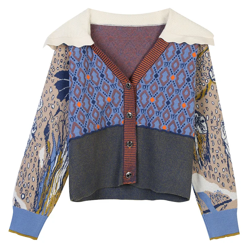 

New Collection Vintage Print Cropped Cardigan Women Fall Winter Long Sleeve Loose Knitted Sweater Women Cardigans